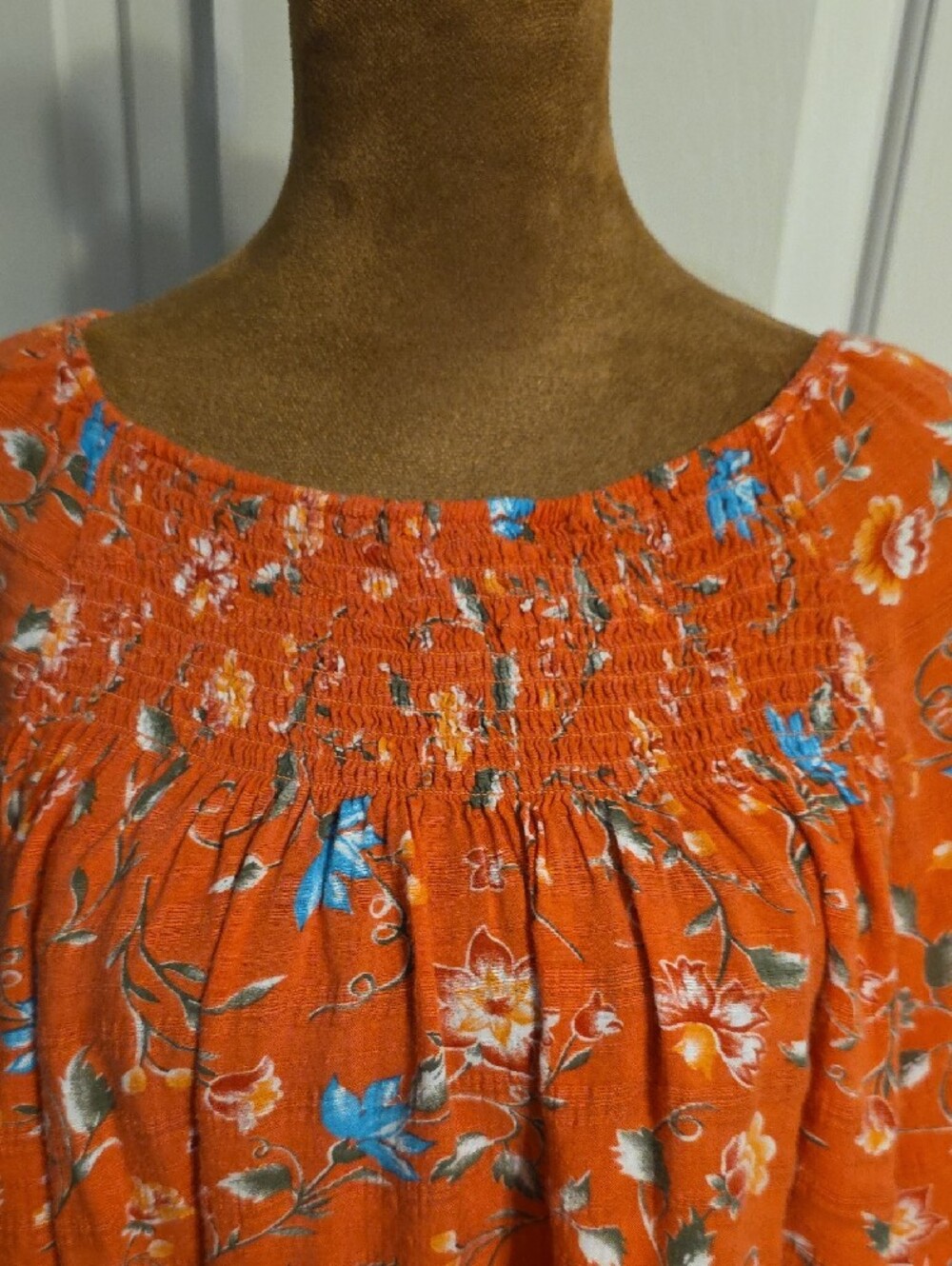 Croft & Barrow Orange Floral Peasant Blouse Smocked Neckline Size XL - Picture 5 of 8